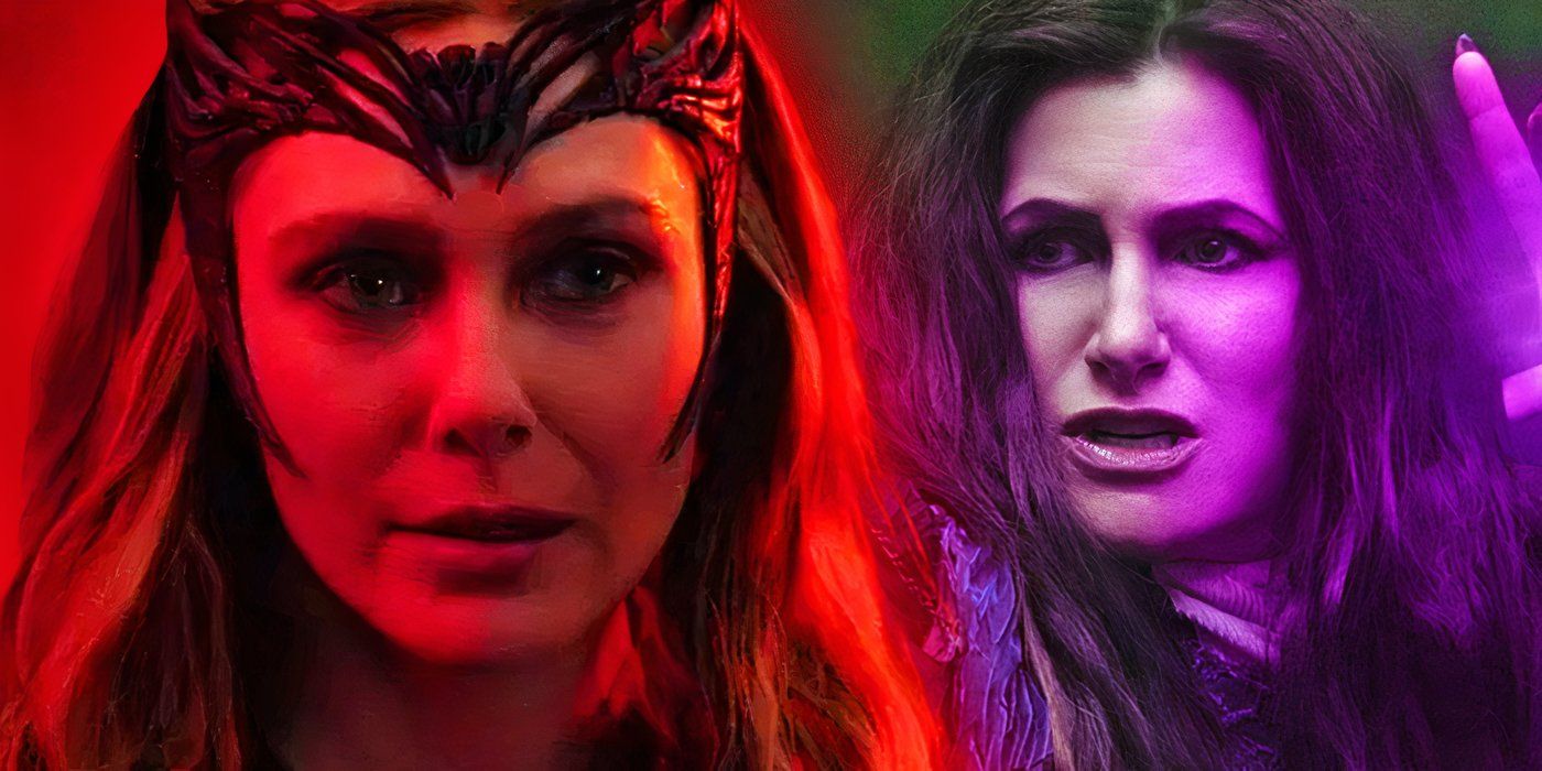 Scarlet Witch and Agatha Harkness with red and purple magic in the MCU