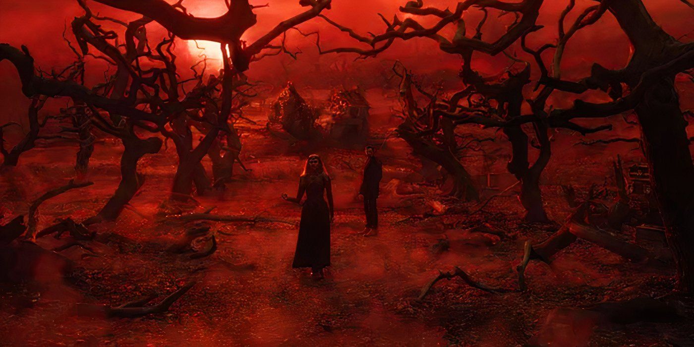 Scarlet Witch and Doctor Strange in the corrupted orchard in Doctor Strange in the Multiverse of Madness