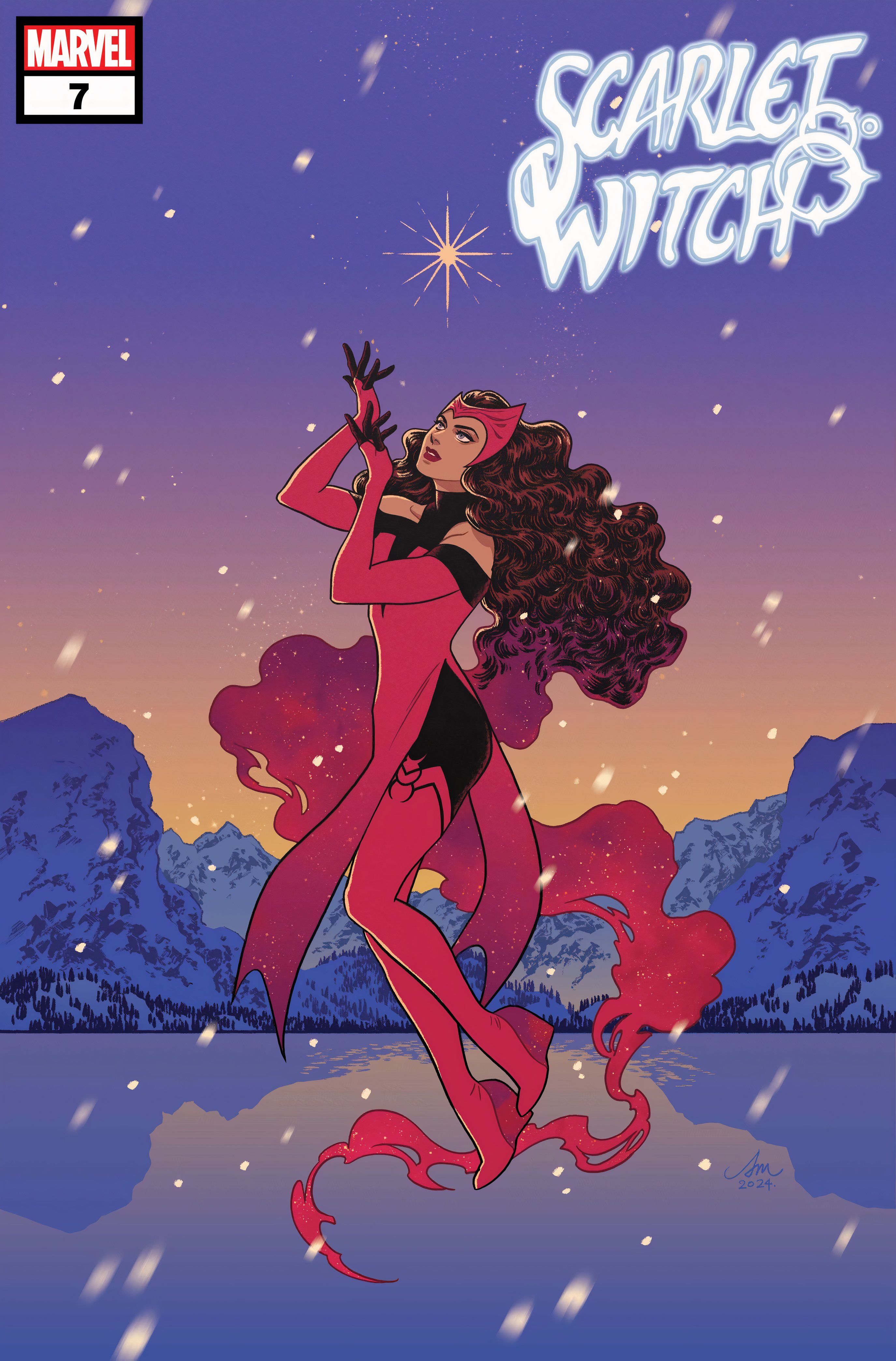 Comic book coverL Scarlet Witch floats above a snowy landscape, looking up at a star.