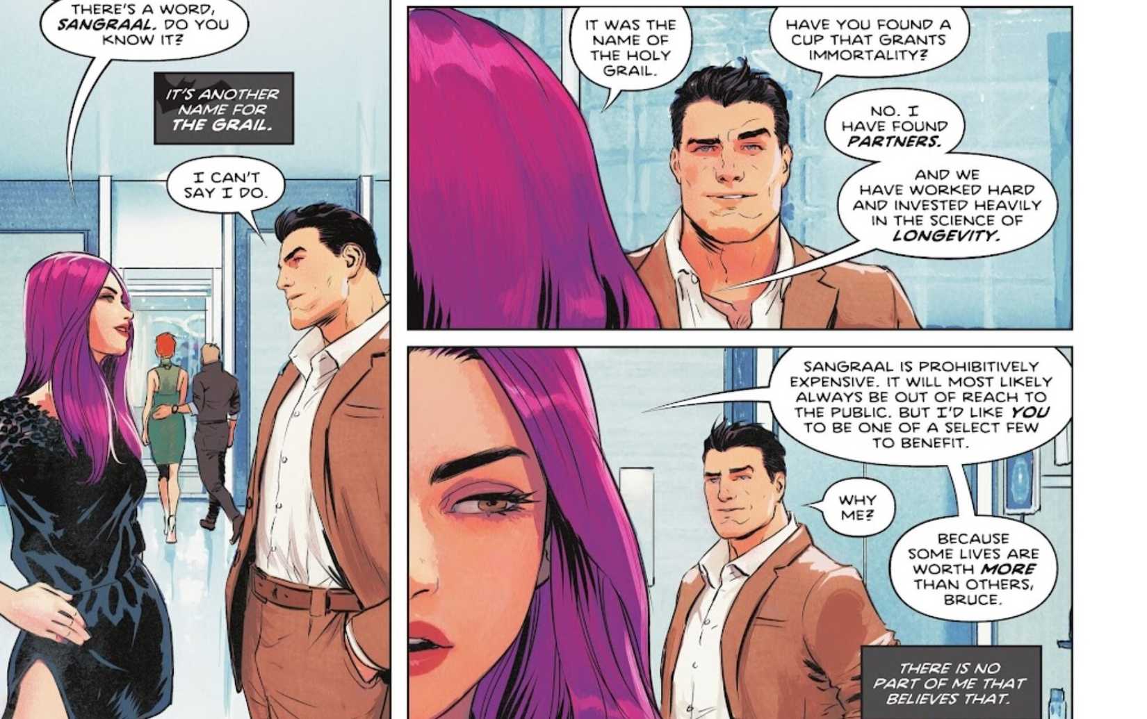 Comic book panels: Scarlett offers Bruce Wayne longer life via Sangraal in Detective Comics #1090.