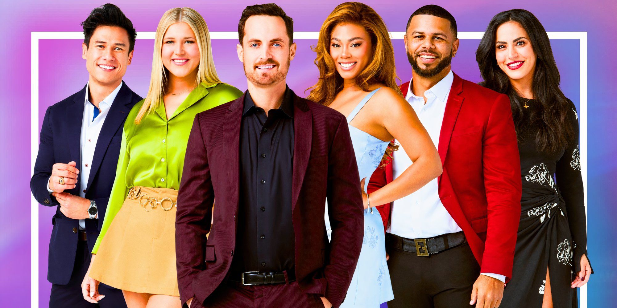 Love Is Blind Season 7 Cast with purple background with each of them smiling