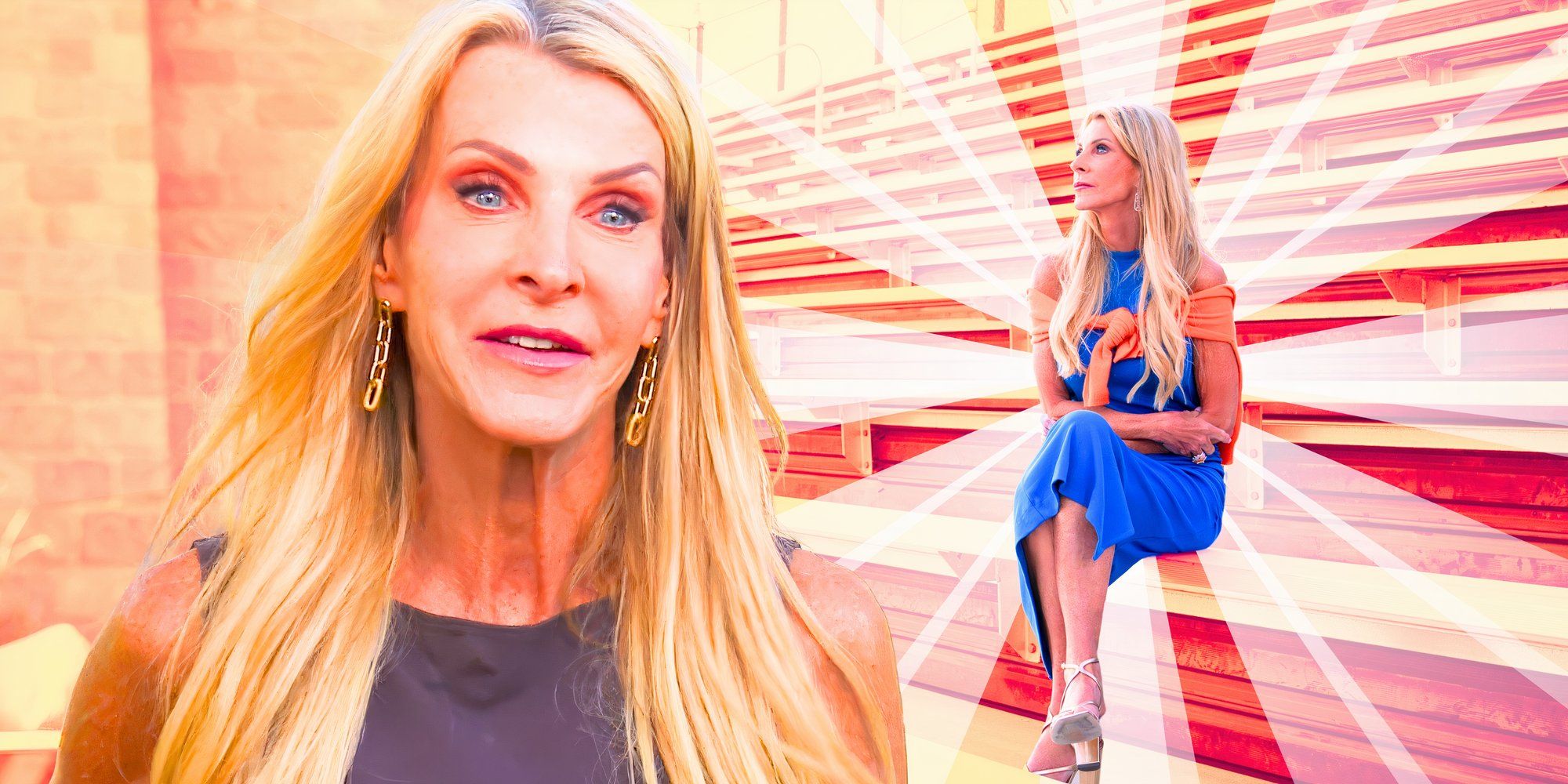 montage of the golden bachelorette joan vasso up close smiling and sitting on the bench in background