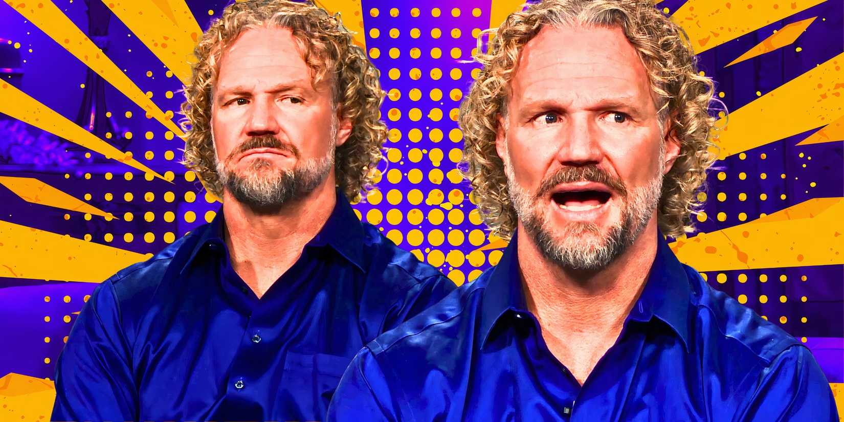 Sister Wives' Kody Brown looking shady wearing blue with yellow and purple-ish background