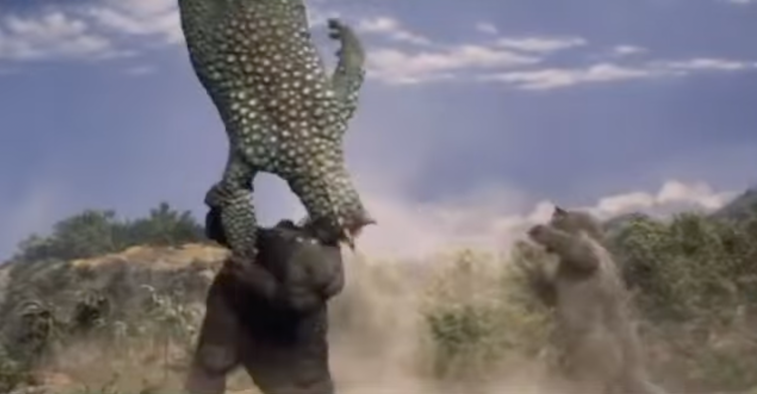 Godzilla judo throws Gabara in All Monsters Attack