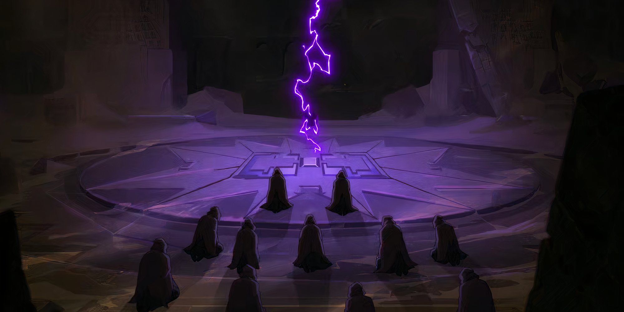 Hooded and robed cultists kneel before a spinning black orb wreathed in purple lightning in The Legend of Vox Machina.