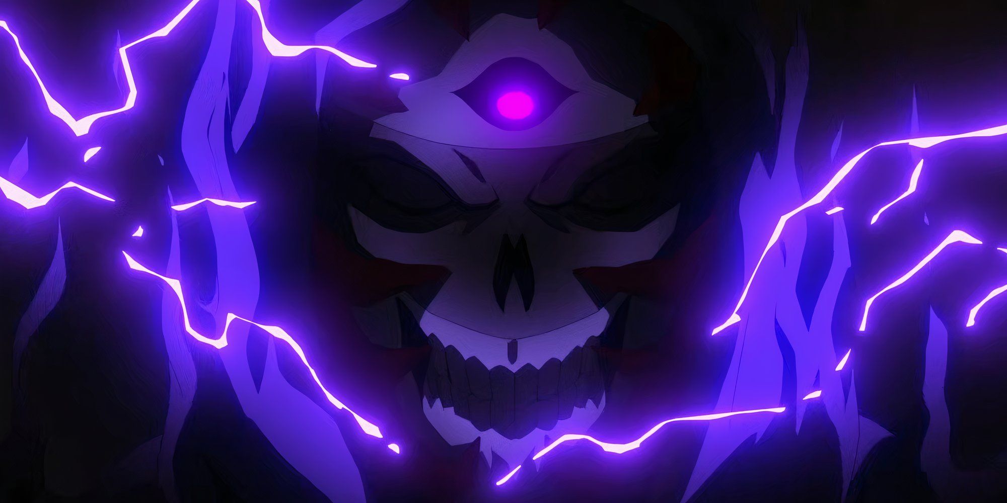 The skeletal face of the Whispered One wreathed in purple lightning from The Legend of Vox Machina