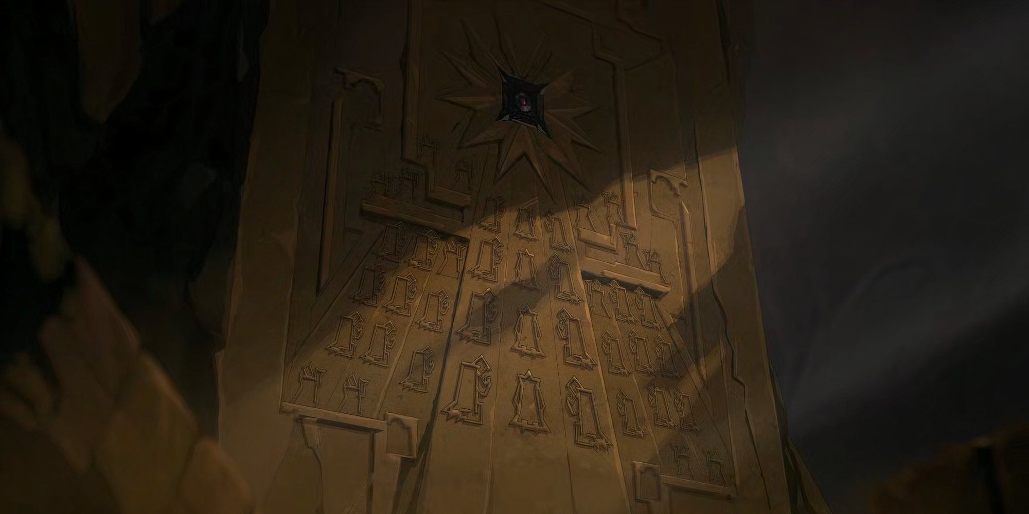 A massive obelisk shows hooded figures kneeling before a radiant gem in The Legend of Vox Machina.