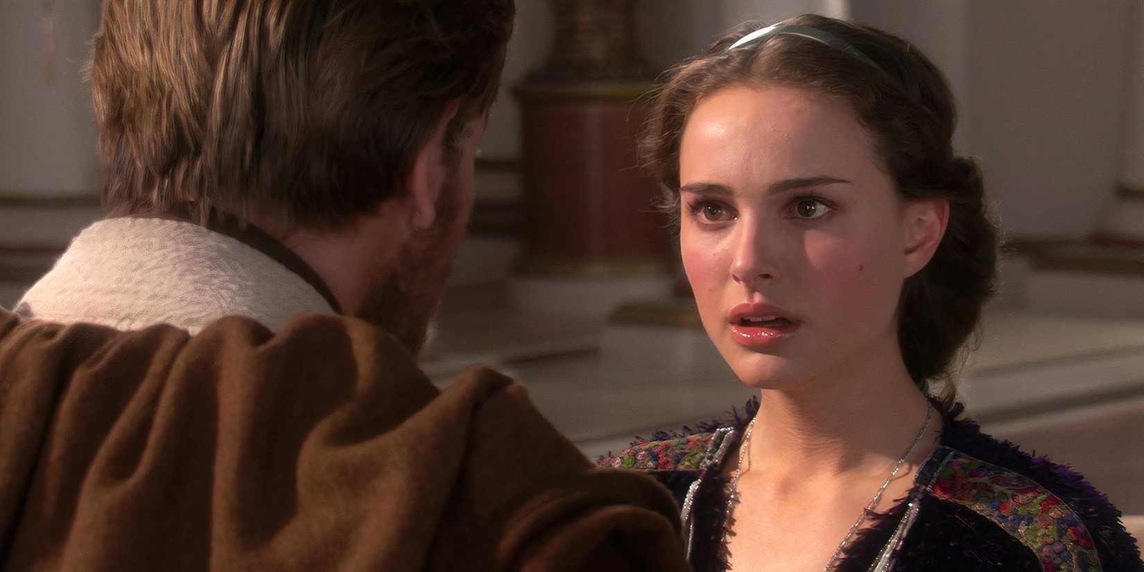 Padmé (Natalie Portman) looks at Obi-Wan in disbelief as he tells her that Anakin's fallen to the dark side.