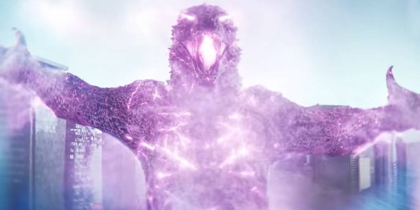 Evolved Godzilla charges his pink atomic breath