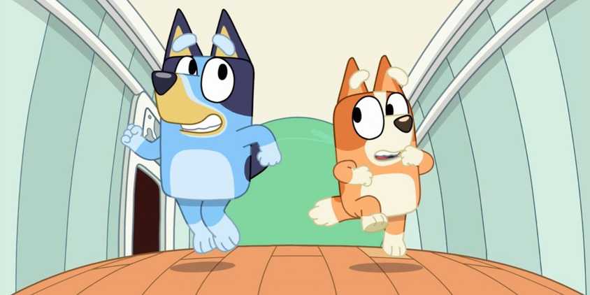 Bluey and Bingo running in Yoga Ball