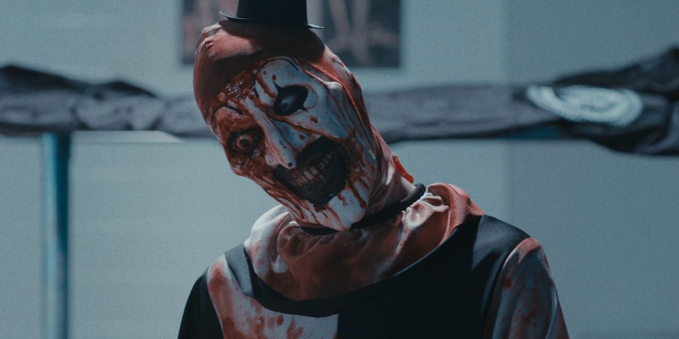 Art the Clown after stealing the Coroner's eye in Terrifier 2