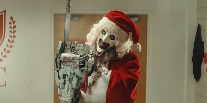 Art the Clown with a chainsaw in Terrifier 3