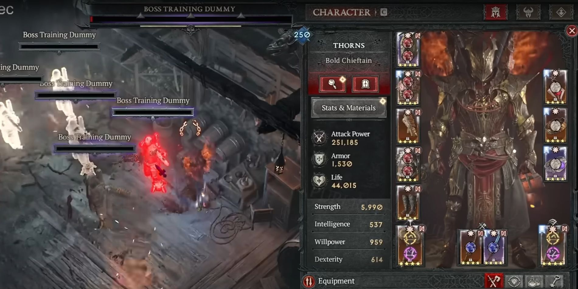 The Barbarian build alongside training dummies in Diablo 4