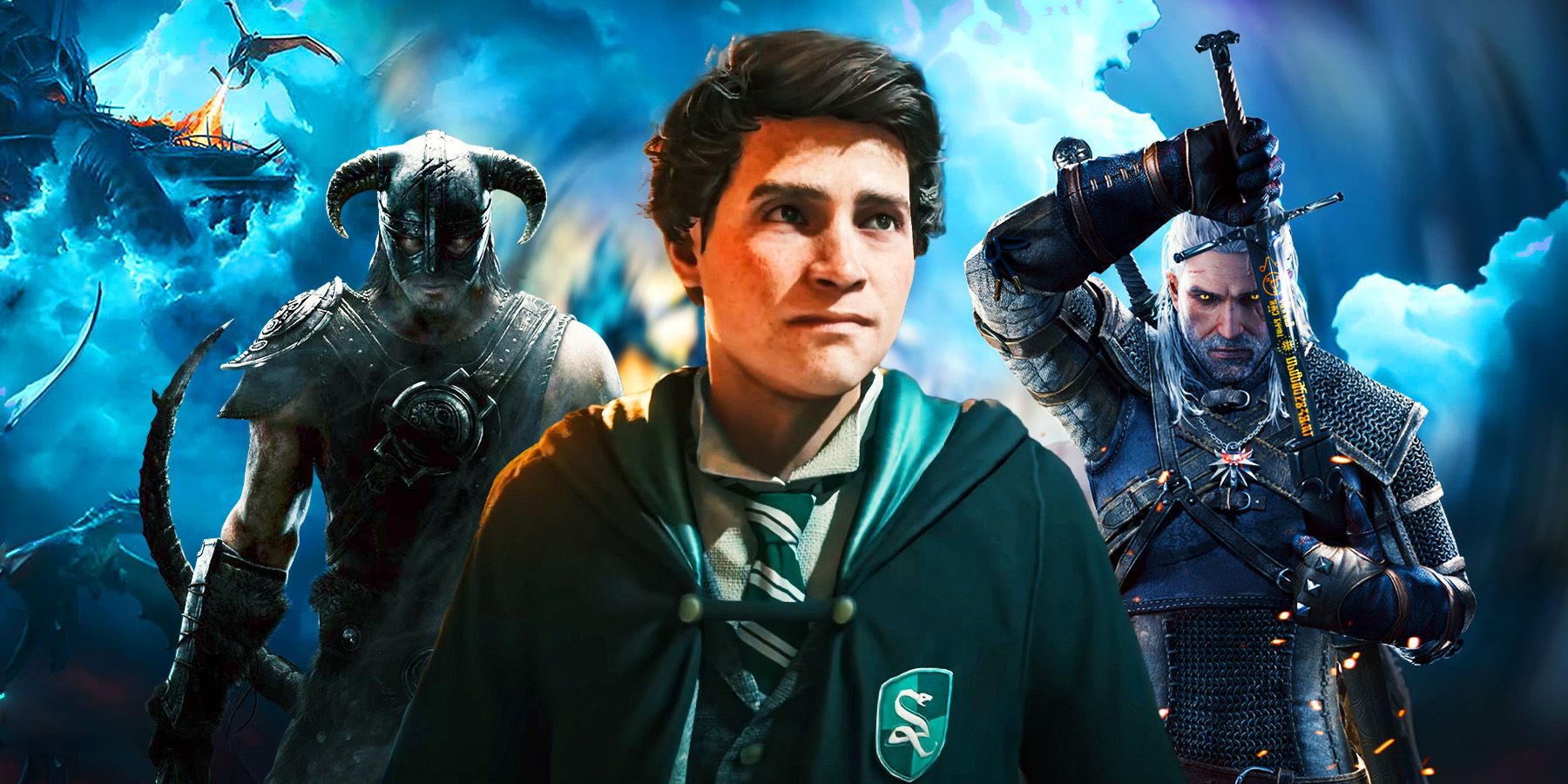 Sebastian from Hogwarts Legacy with Witcher and The Elder Scrolls 5 Skyrim