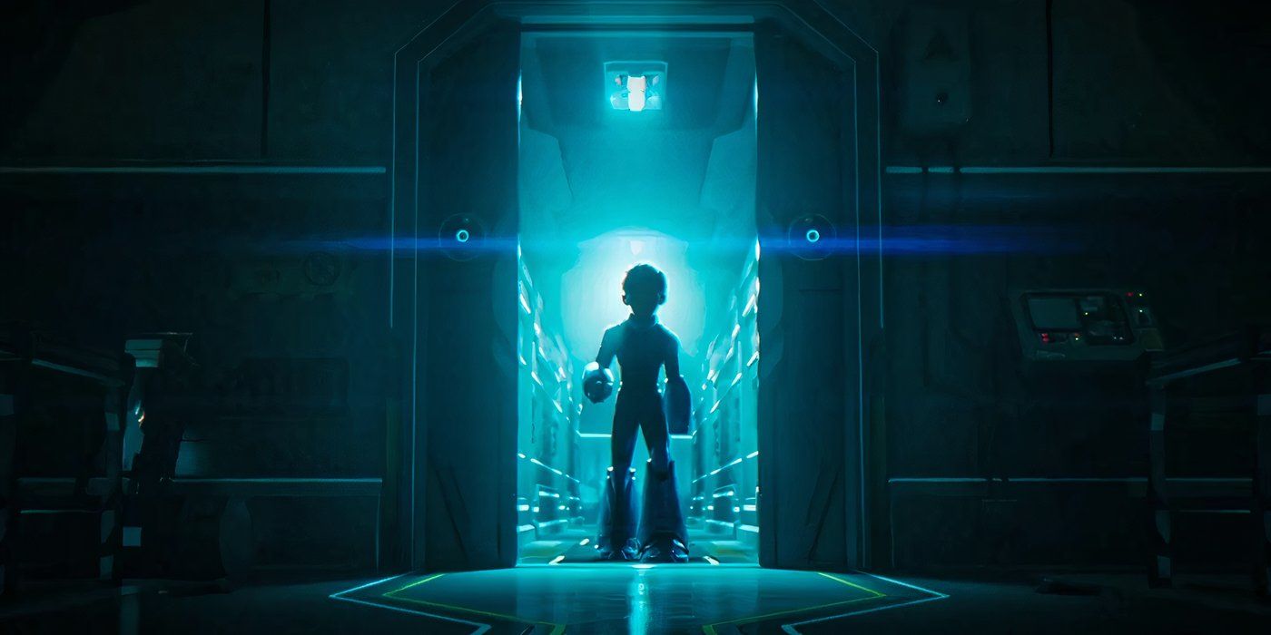 Mega Man walking through a door with a blue light over his shoulders in Secret Level