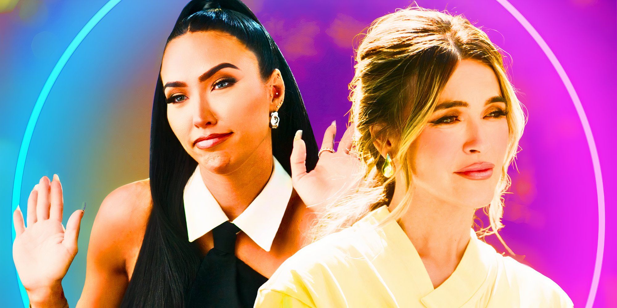 selling sunset montage featuring bre tiesi and chrishell stause with bre smiling and chrishell looking sad