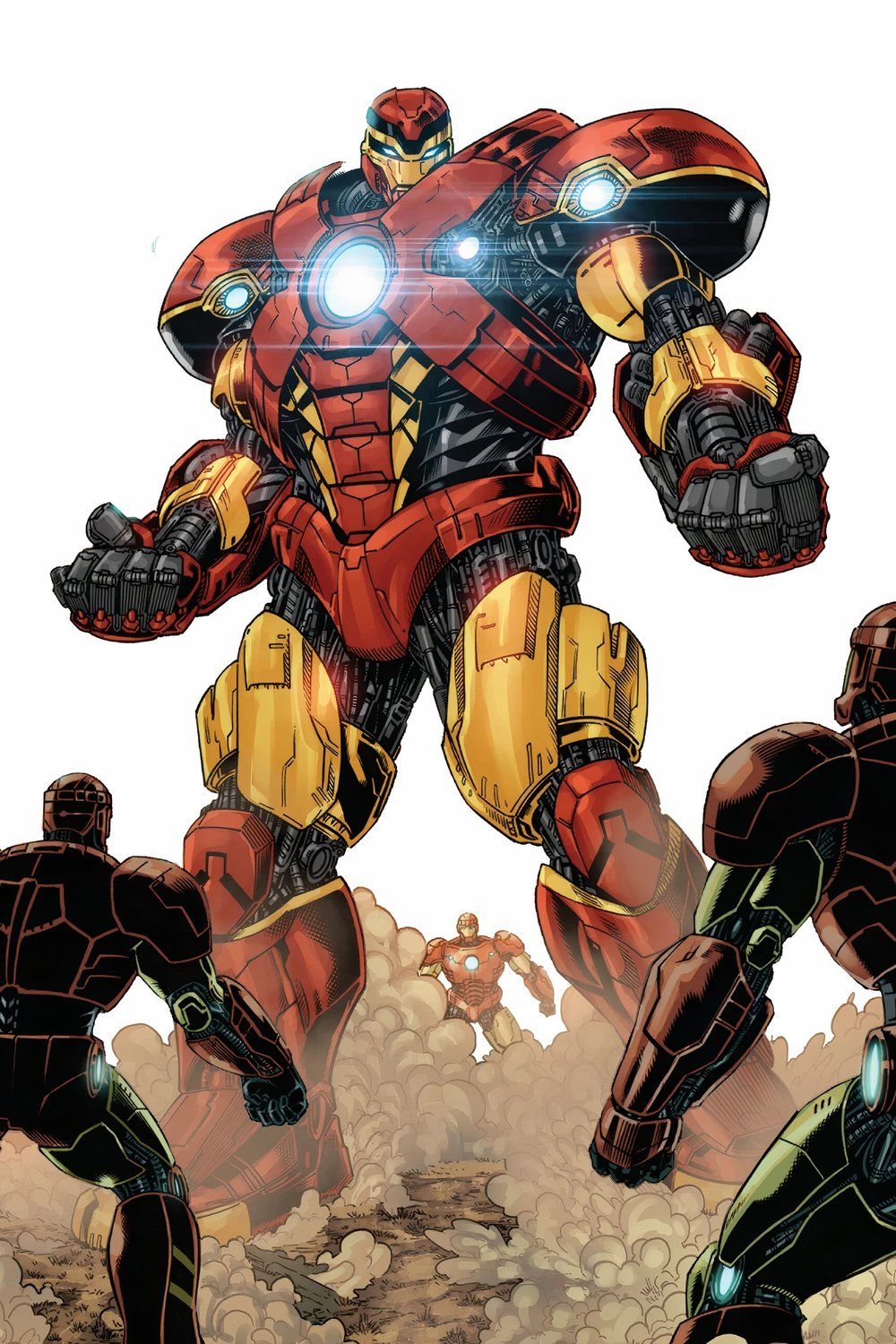 Sentinel-Buster Armor stands in the middle of multiple Stark Sentinels.