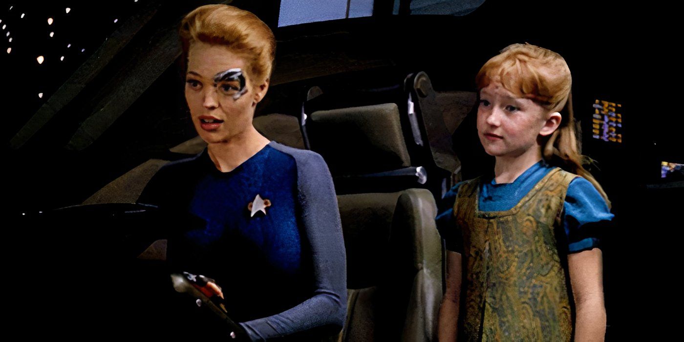 Seven of Nine (Jeri Ryan) and Naomi Wildman (Scarlett Pomers) in the Delta Flyer from Star Trek: Voyager.