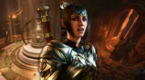 Shadowheart in front of areas from Rosymorn Monastery and the Grymforge in Baldur's Gate 3.