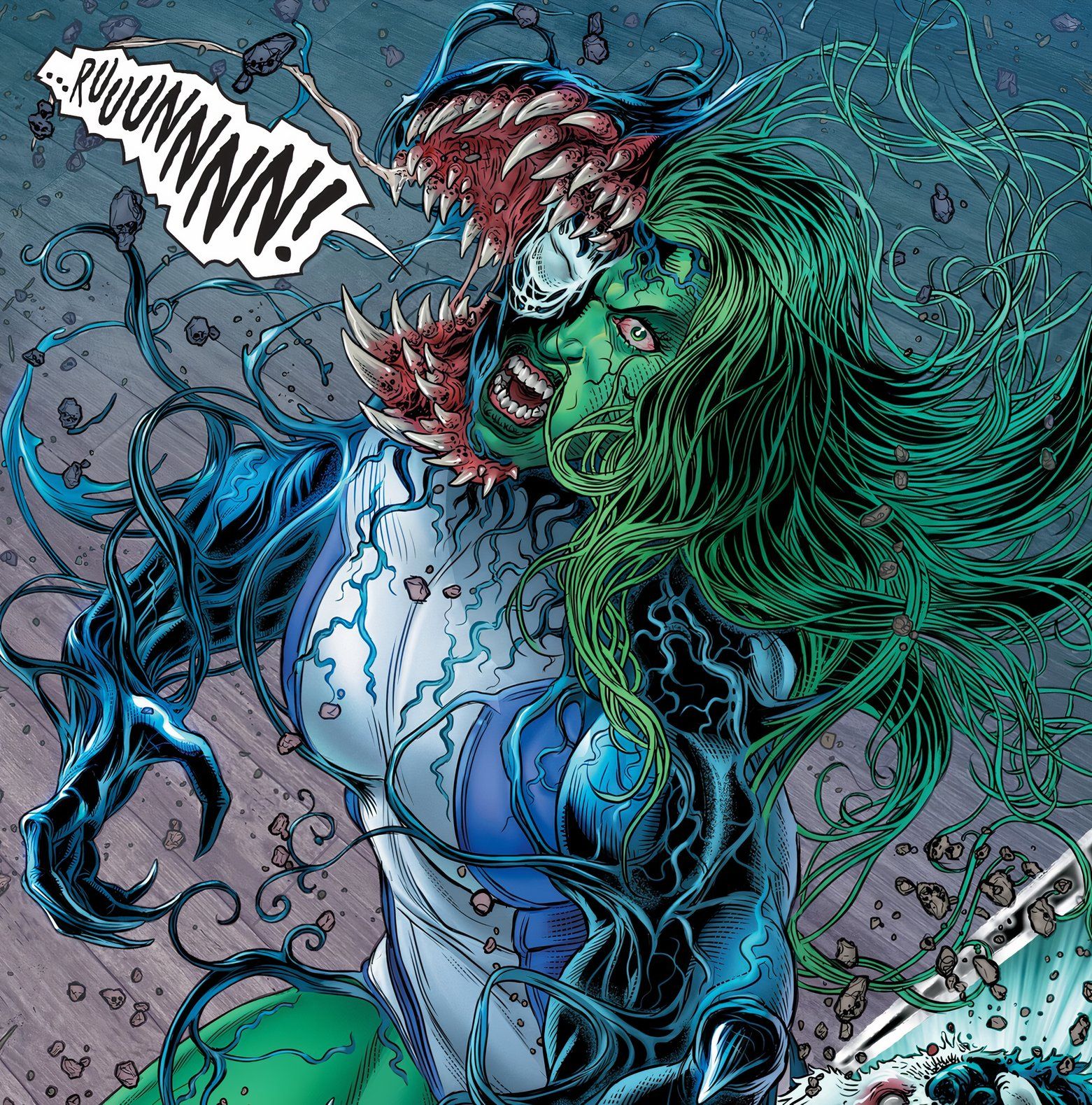 Painel de quadrinhos: She-Hulk é infectada pelo vírus Zombiote