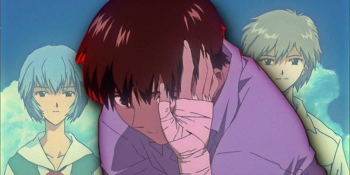 Shinji having his cheek held in front of Rei and Kaworu.