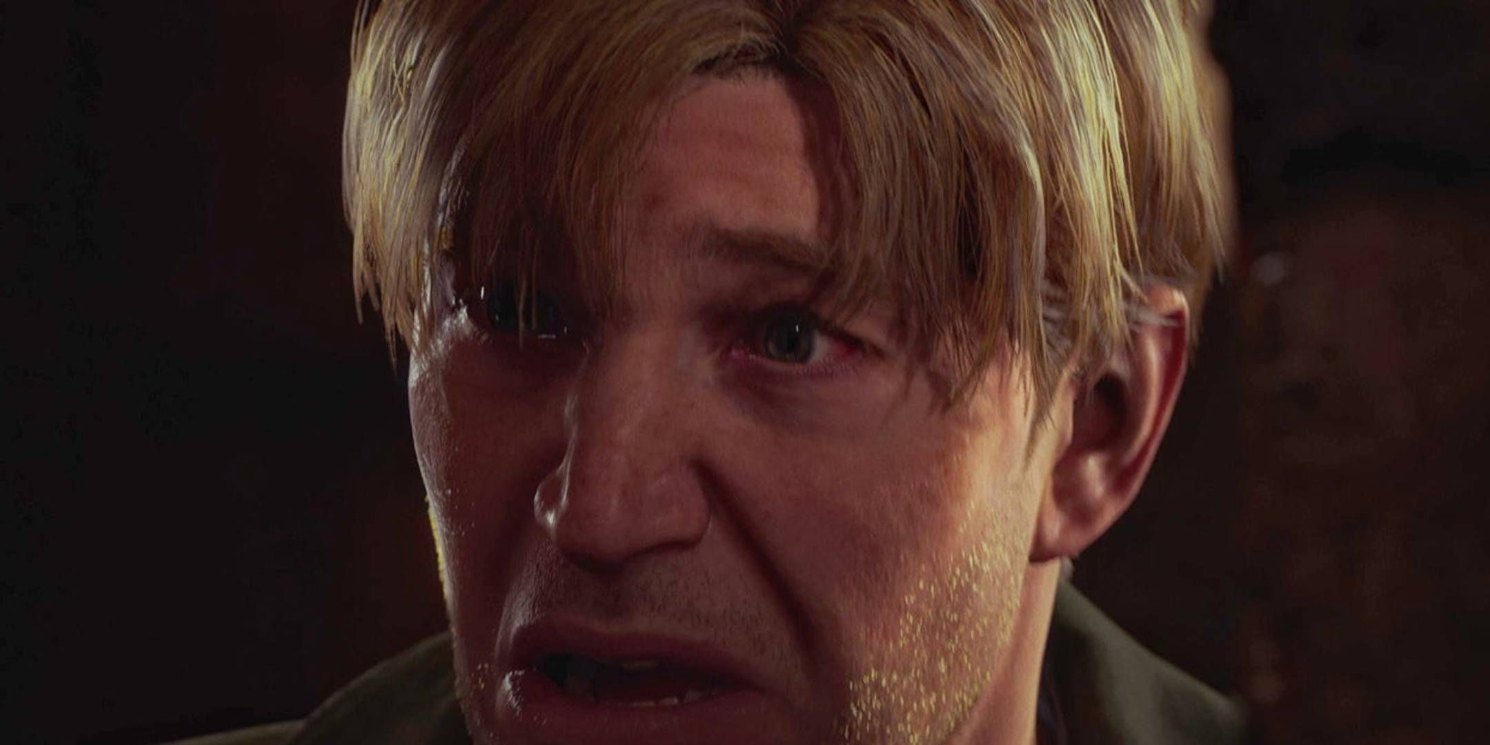 A close-up of James looking distraught in the Silent Hill 2 trailer.