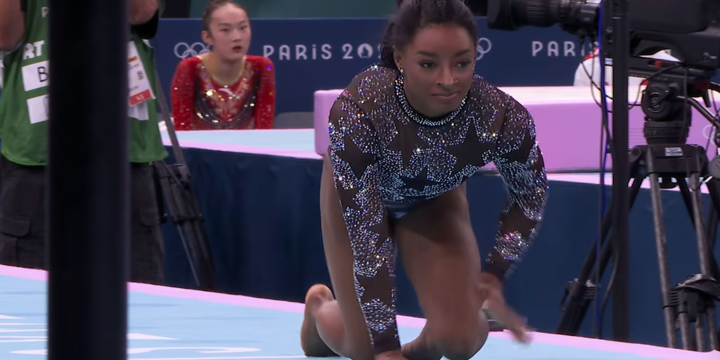 Simone Biles crawling after her injury at the Paris Olympics in Simone Biles Rising