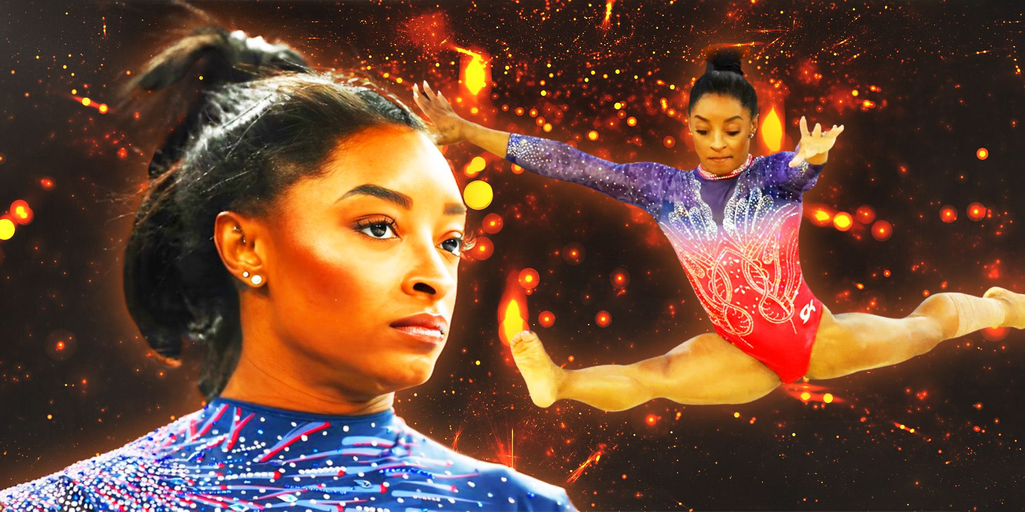 Simone Biles doing her floor routine and looking serious to the left and on the beam in the air on the right both at the Paris Olympics