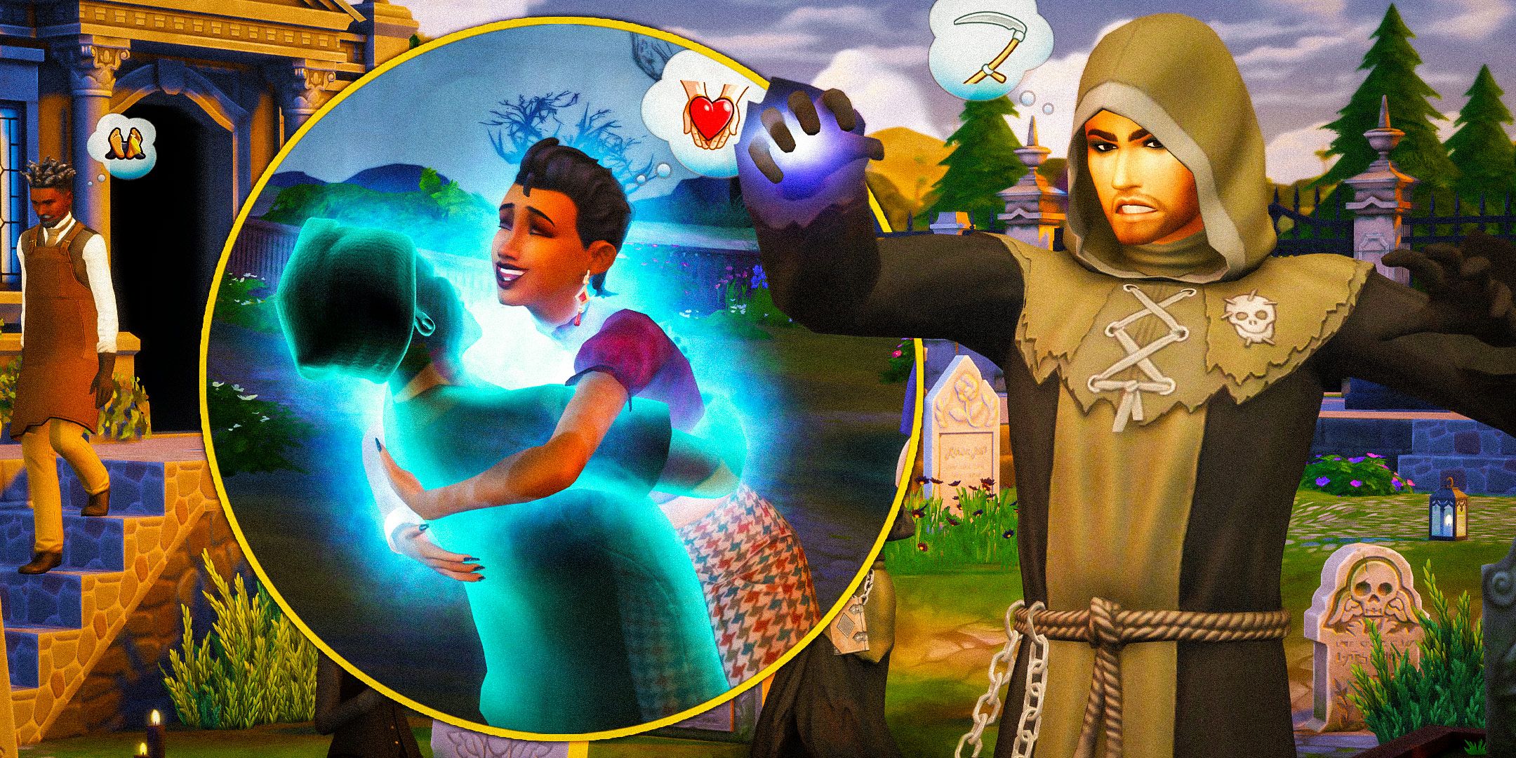 Sims 4 Life & Death Header, on the left a Sim and ghost are kissing, on the right a Sim in a Reaper outfit is looking angry.