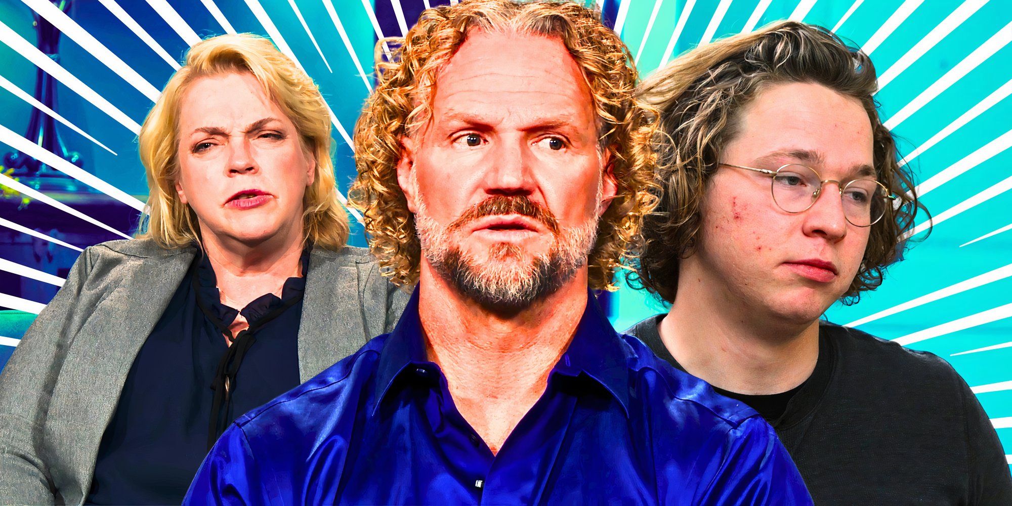 sister wives star kody brown with janelle brown and gabriel brown in montage with blue background