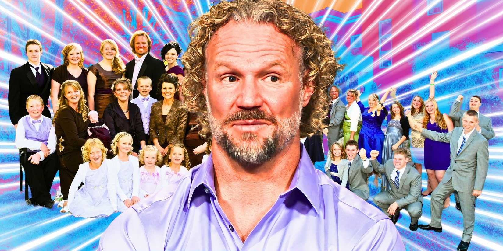 sister wives star kody brown looking to the side with the brown family behind him in montage