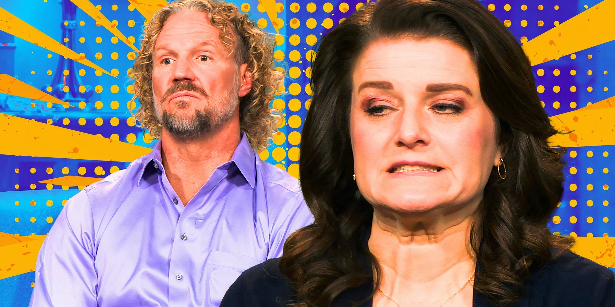 sister wives stars kody and robyn brown looking unhappy with blue background with yellow dots