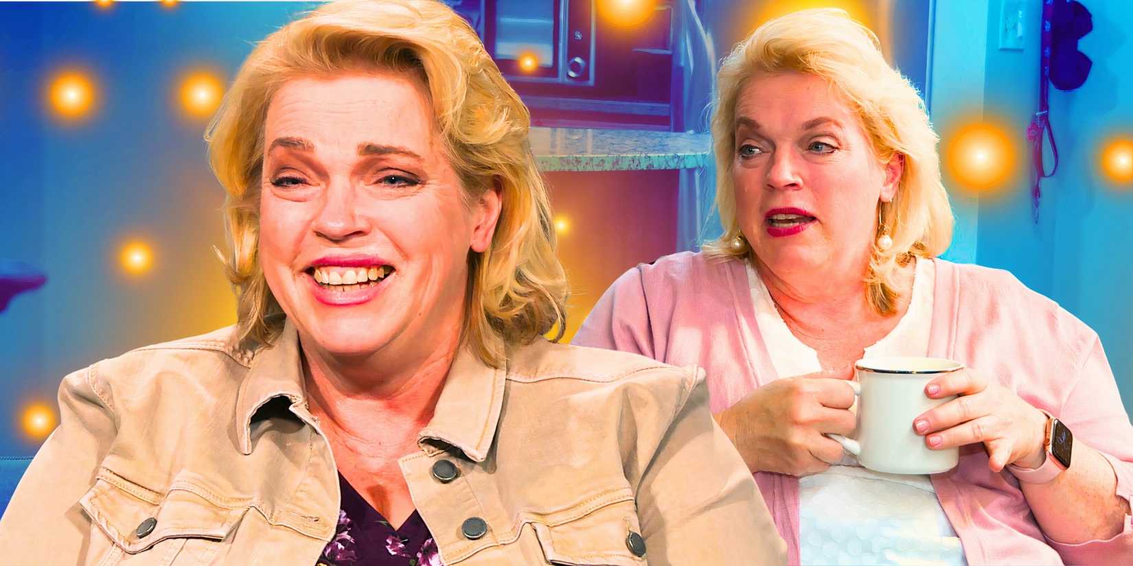 montage of janelle brown from sister wives smiling and holding coffee