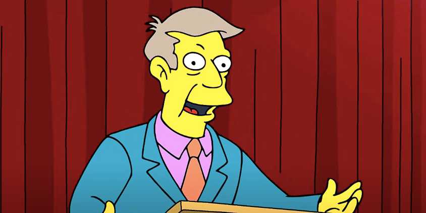Skinner smiles while addressing an auditorium in The Simpsons season 36 episode 1