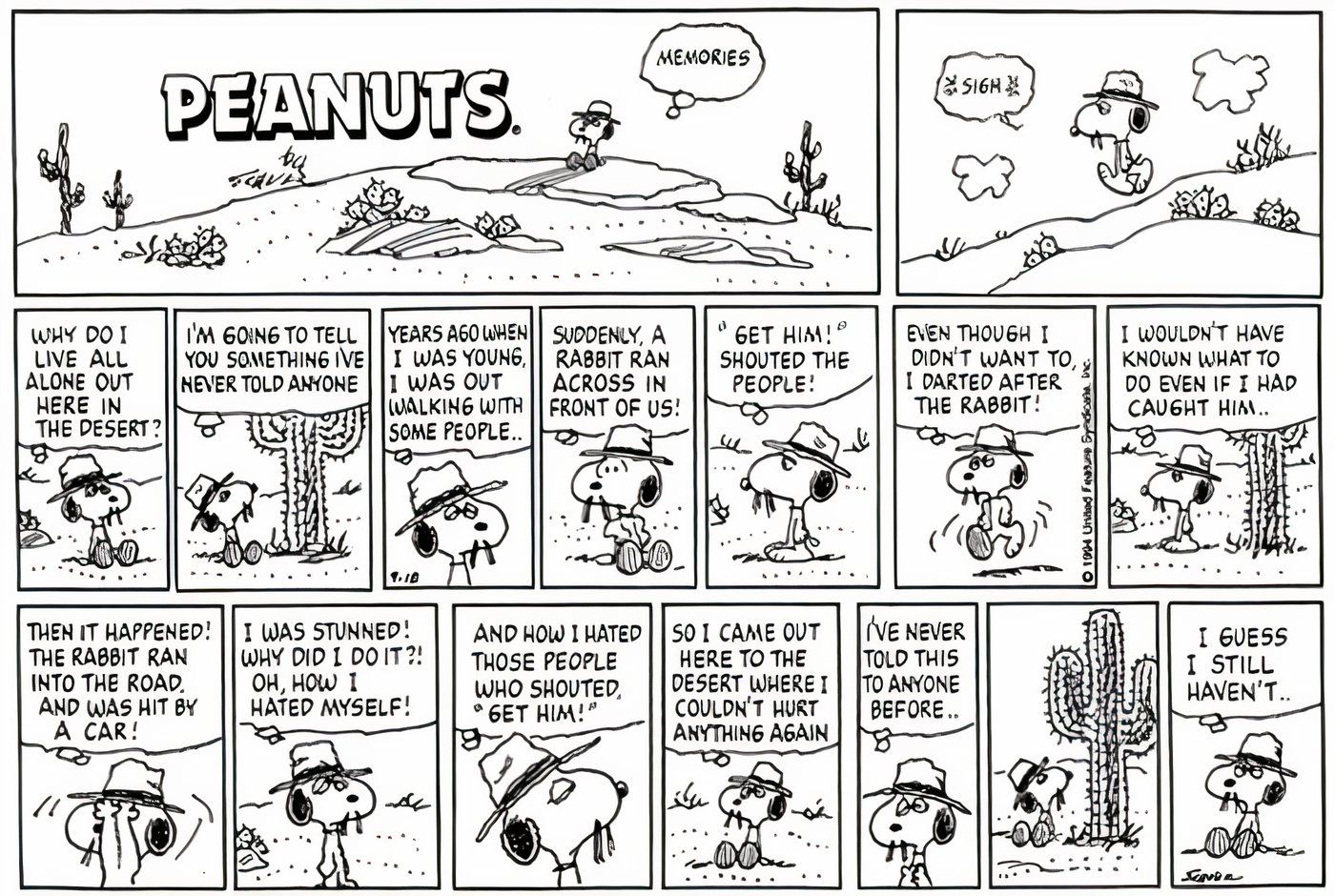 O irmão de Snoopy, Spike, contando sua história em Peanuts.