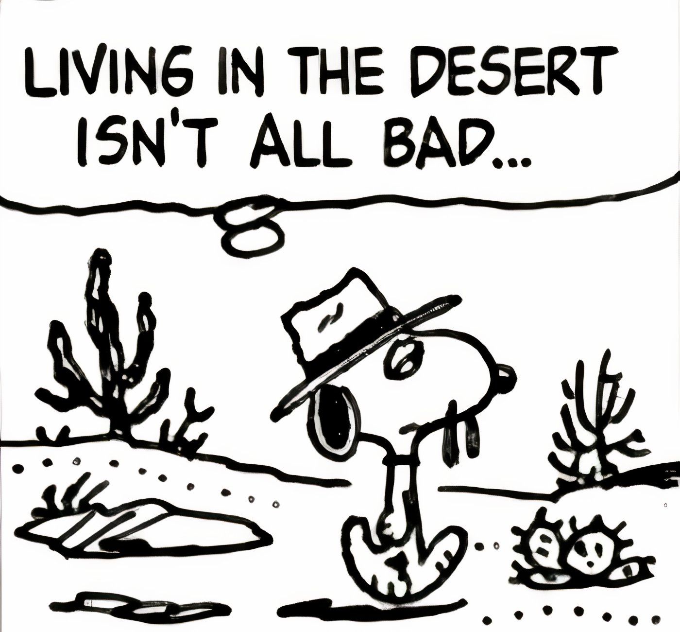 O irmão de Snoopy, Spike, caminhando pelo deserto. 