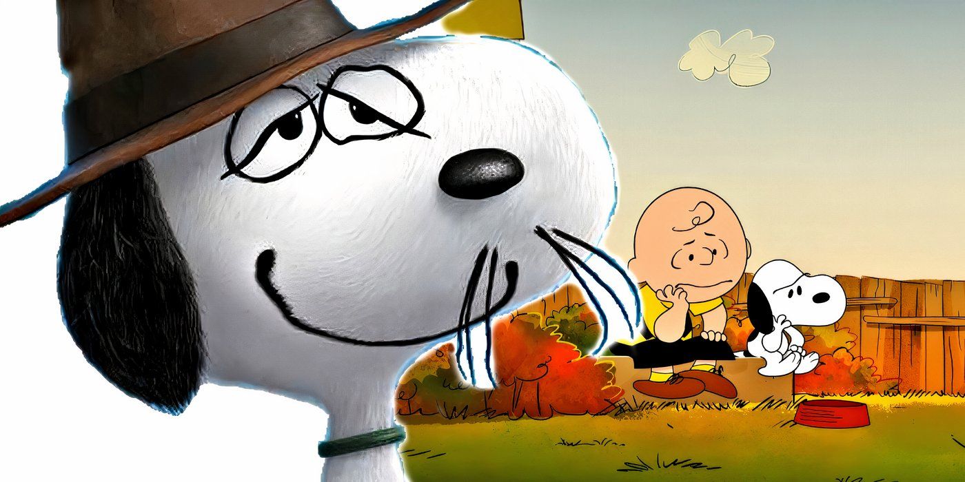 Spike with Snoopy and Charlie Brown looking sad behind him.