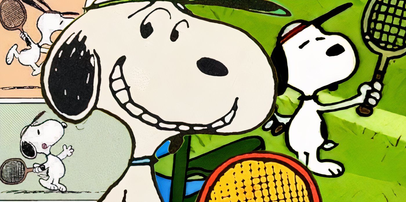 Collage de Snoopy jugando al tenis en Peanuts.