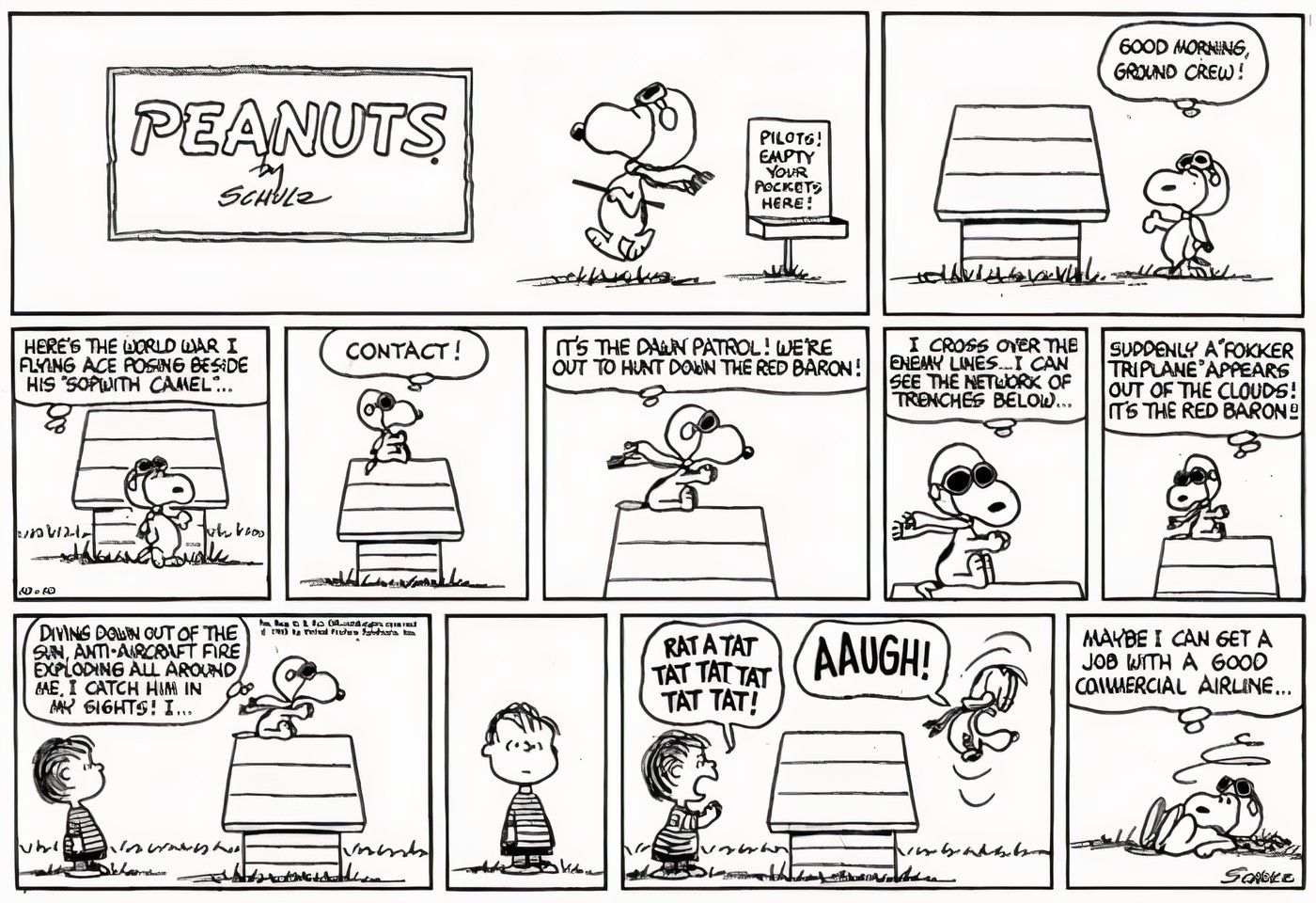 Snoopy fazendo sua estreia como Flying Ace da Primeira Guerra Mundial em Peanuts. 