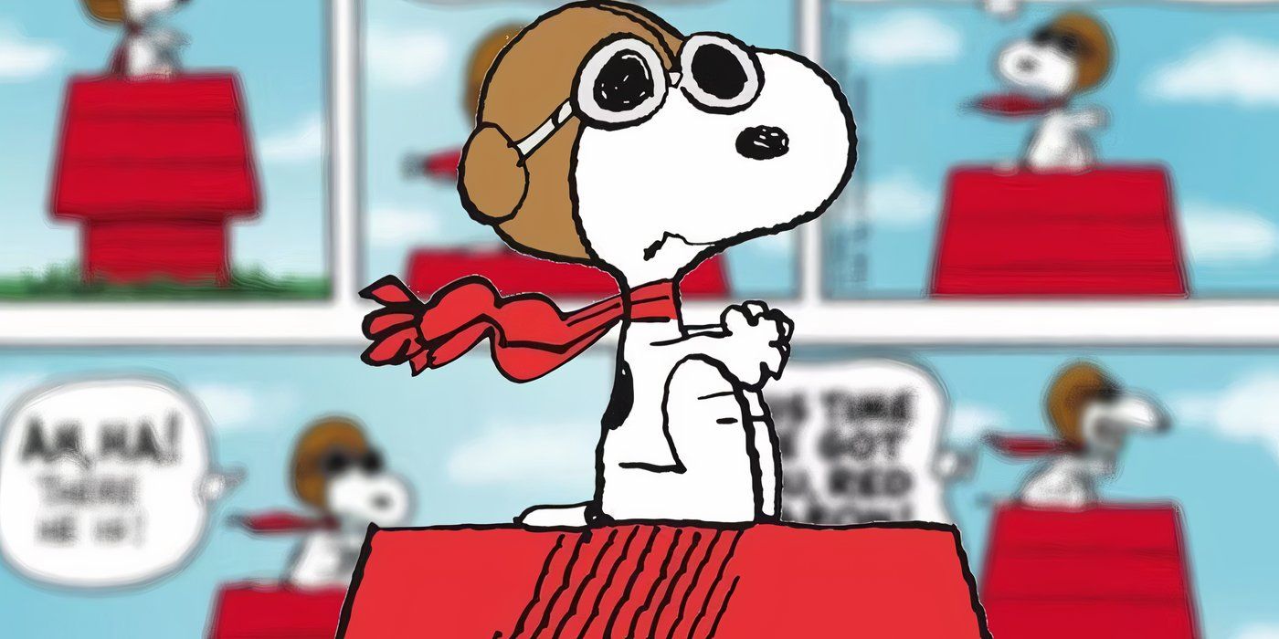 Snoopy como el as de la aviación de la Primera Guerra Mundial en Peanuts con una oscura tira cómica detrás de él.