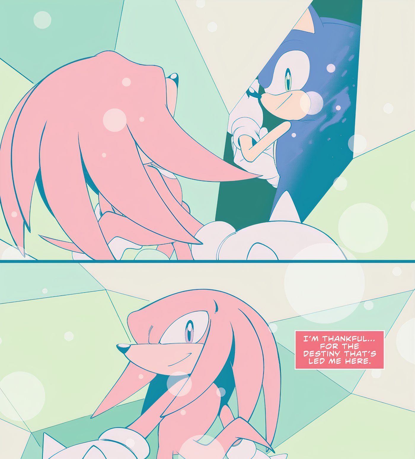 The Master Emerald shows Knuckles a vision of Sonic as Knuckles narrates, "I'm thankful for the destiny that's led me here."