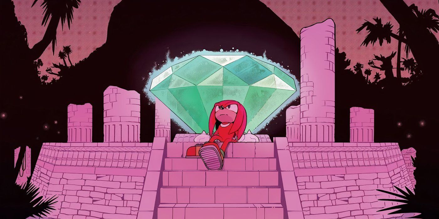 Knuckles está sentado al lado de Master Emerald.