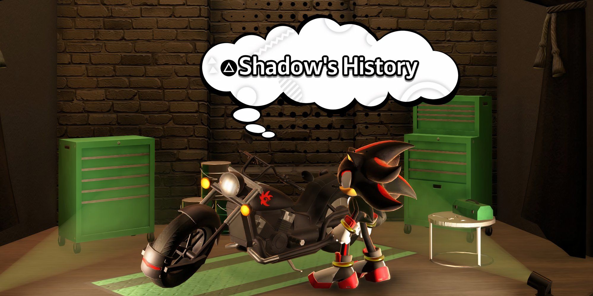 Screenshot from SONIC X SHADOW GENERATIONS hub world showing Shadow's Motocycle in his room where players can read about his History.