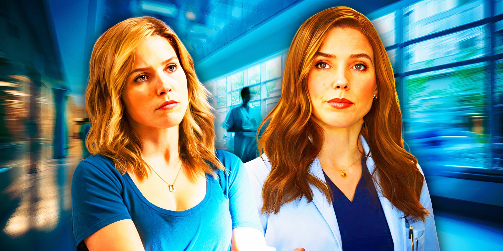 Sophia Bush as Erin Lindsay in Chicago PD and Sophia Bush in scrubs as Sam Griffith in Good Sam.