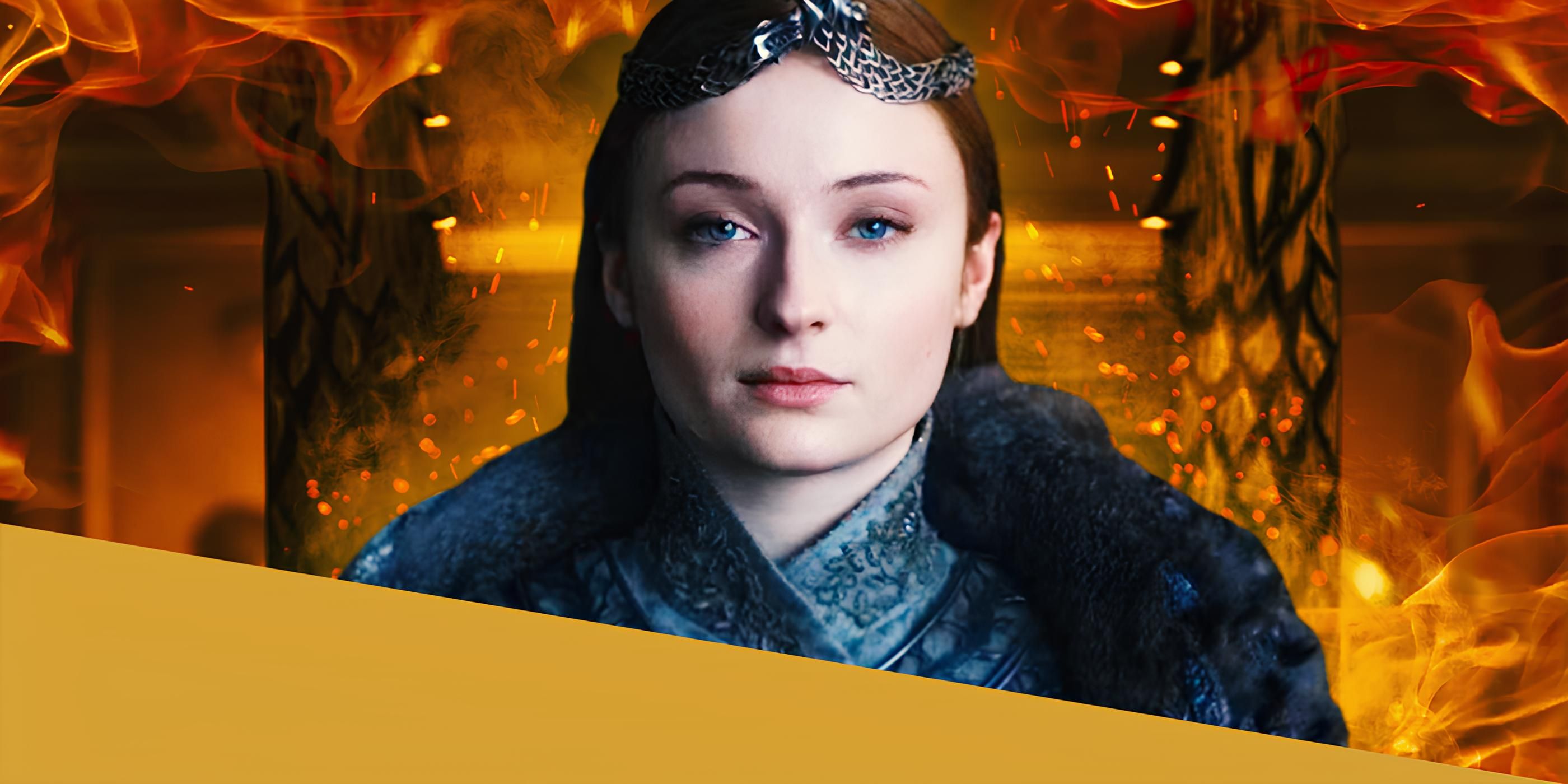 Sophie Turner as Sansa Stark with a Game of Thrones Crown Surrounded by Fire