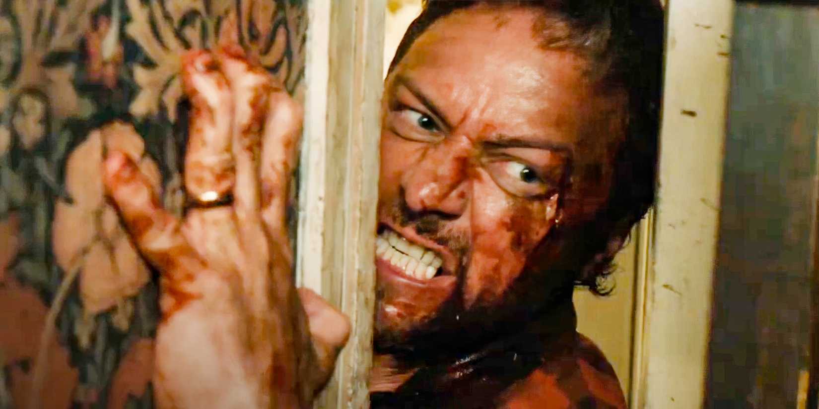 Paddy (James McAvoy) looking insane, trying to force his way into a room in Speak No Evil (2024)