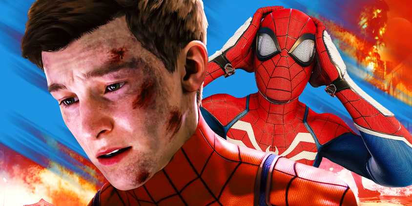 Spider man from Marvel’s Spider-Man 2 with sad Peter Parker