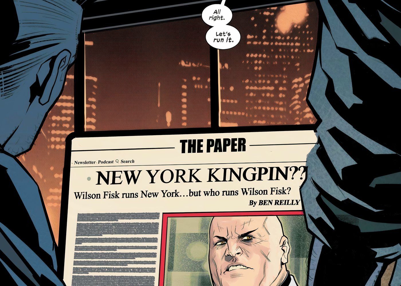 J. Jonah Jameson e Ben Parker publicando uma história sobre o Rei do Crime.