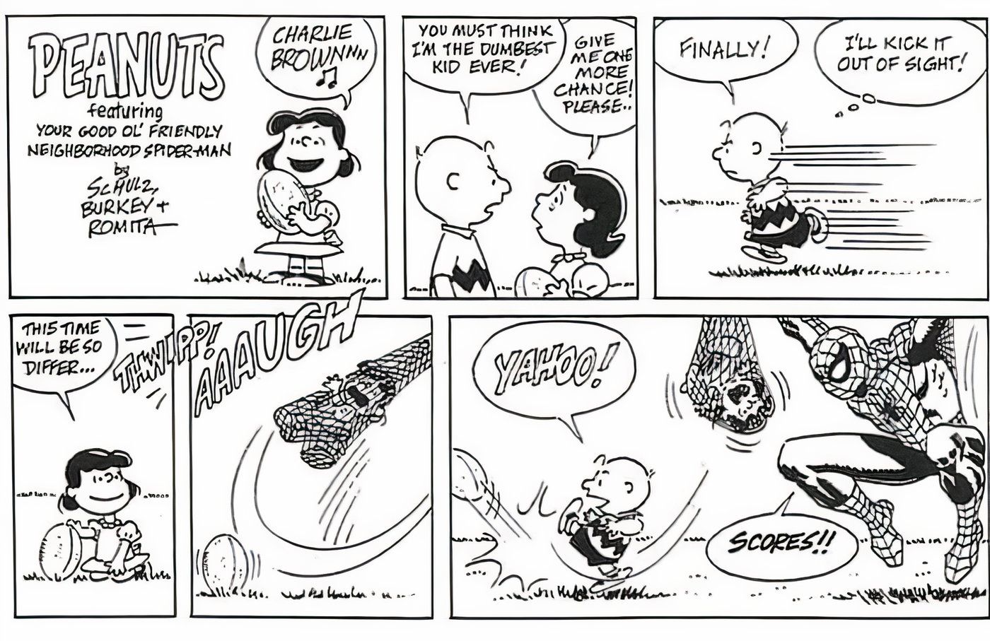 Spider-Man winds Lucy up in his web, and Charlie Brown celebrates by kicking a soccer ball into the air.