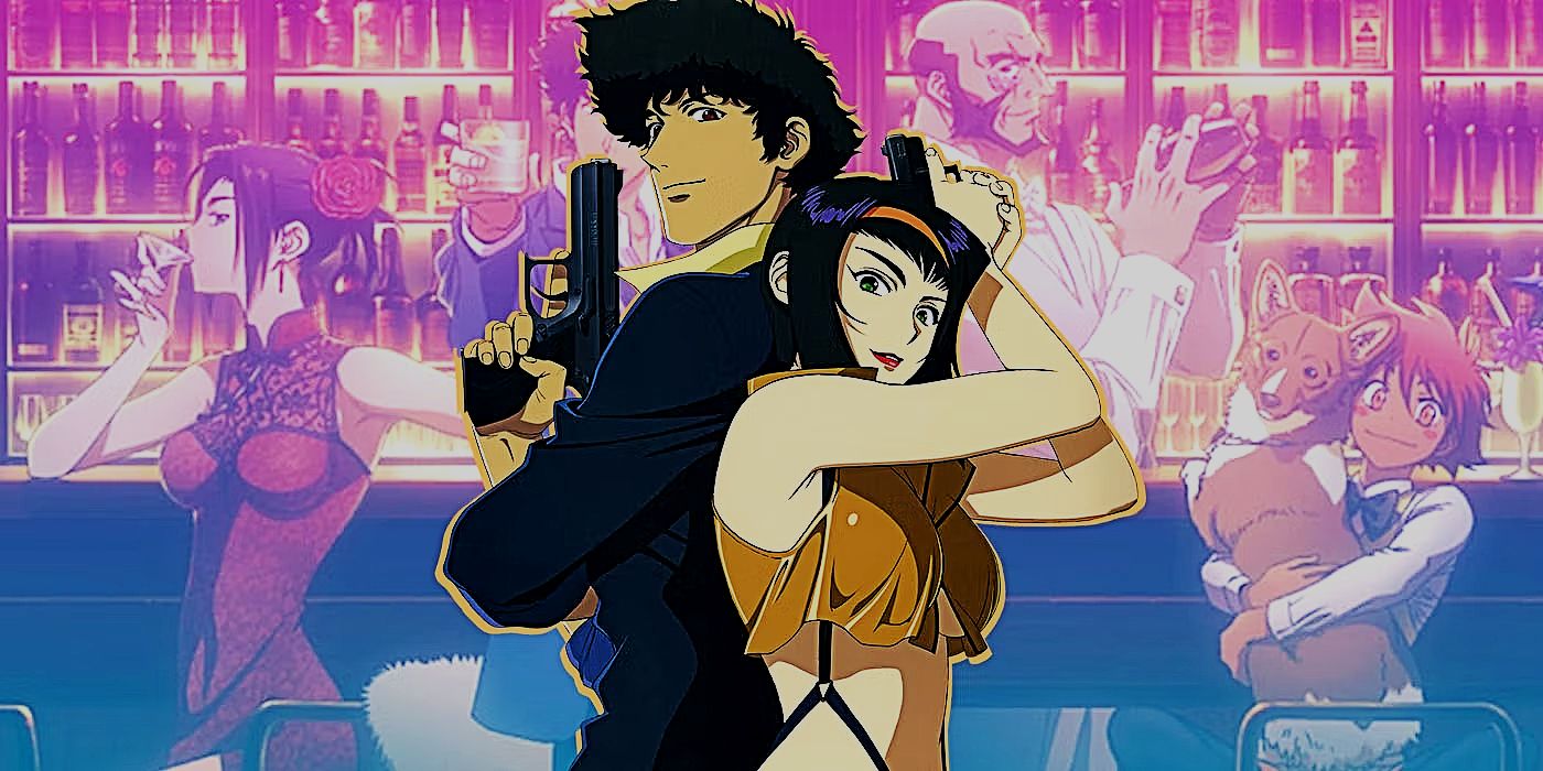 Uma colagem dos personagens principais do Cowboy Bebop, incluindo Spike, Jet e Faye